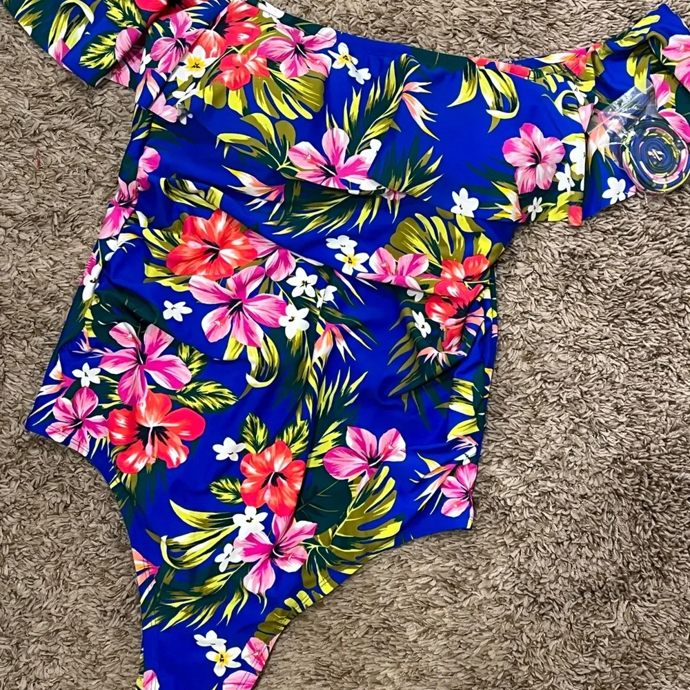 Kona Sol Sz 14W One Piece Swimsuit Floral Ruffle Top Drop Shoulder - Picture 4 of 10